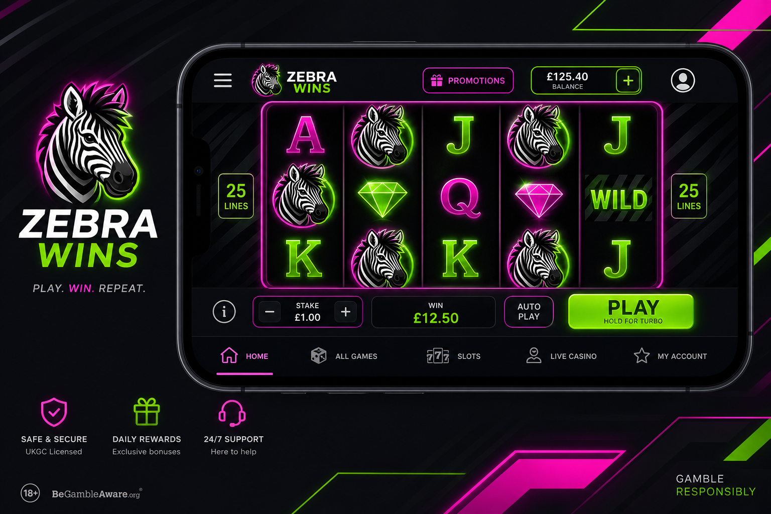 Zebra Wins Casino App on smartphone with slots interface