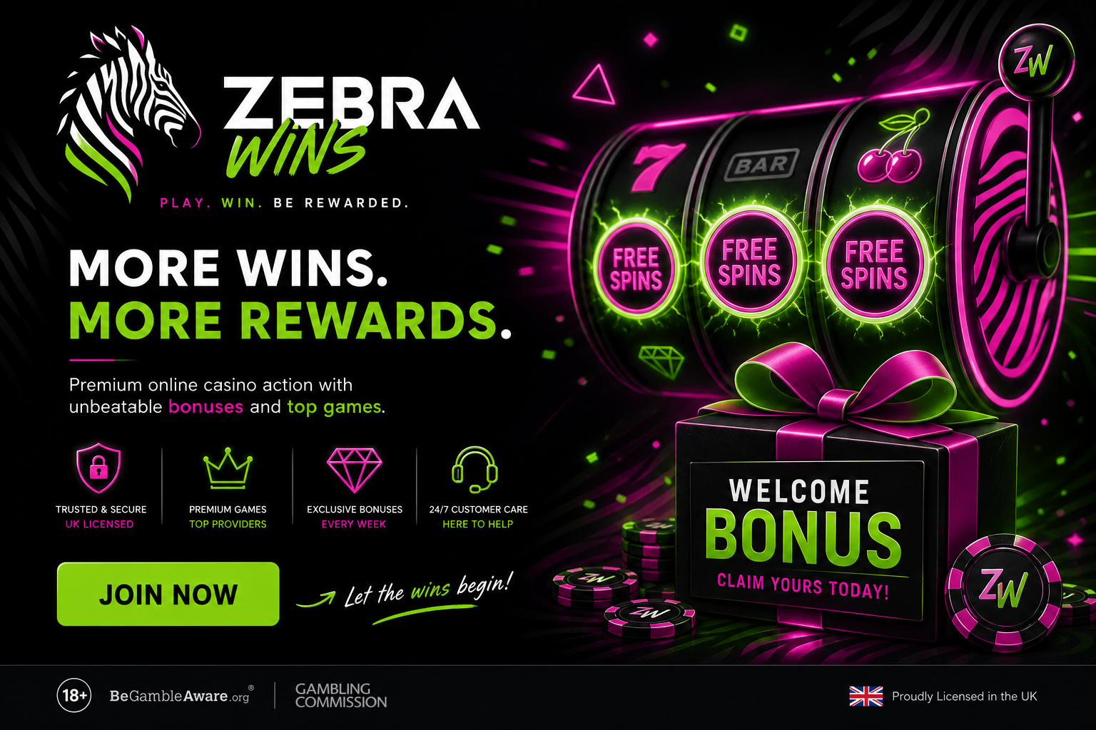 Zebra Wins Casino welcome bonus and free spins promotion artwork